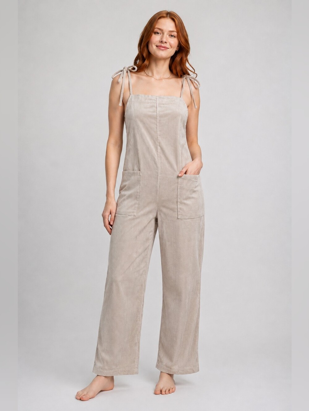 NWT Hem & Thread Stretch Corduroy Jumpsuit Tie Shoulder Beige Size M